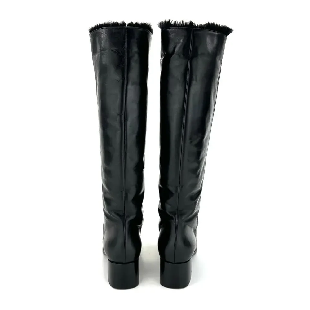 Bally Women Black Winter Knee High Boot Sz 36/5.5 Leather Foldable FurTrim Lined